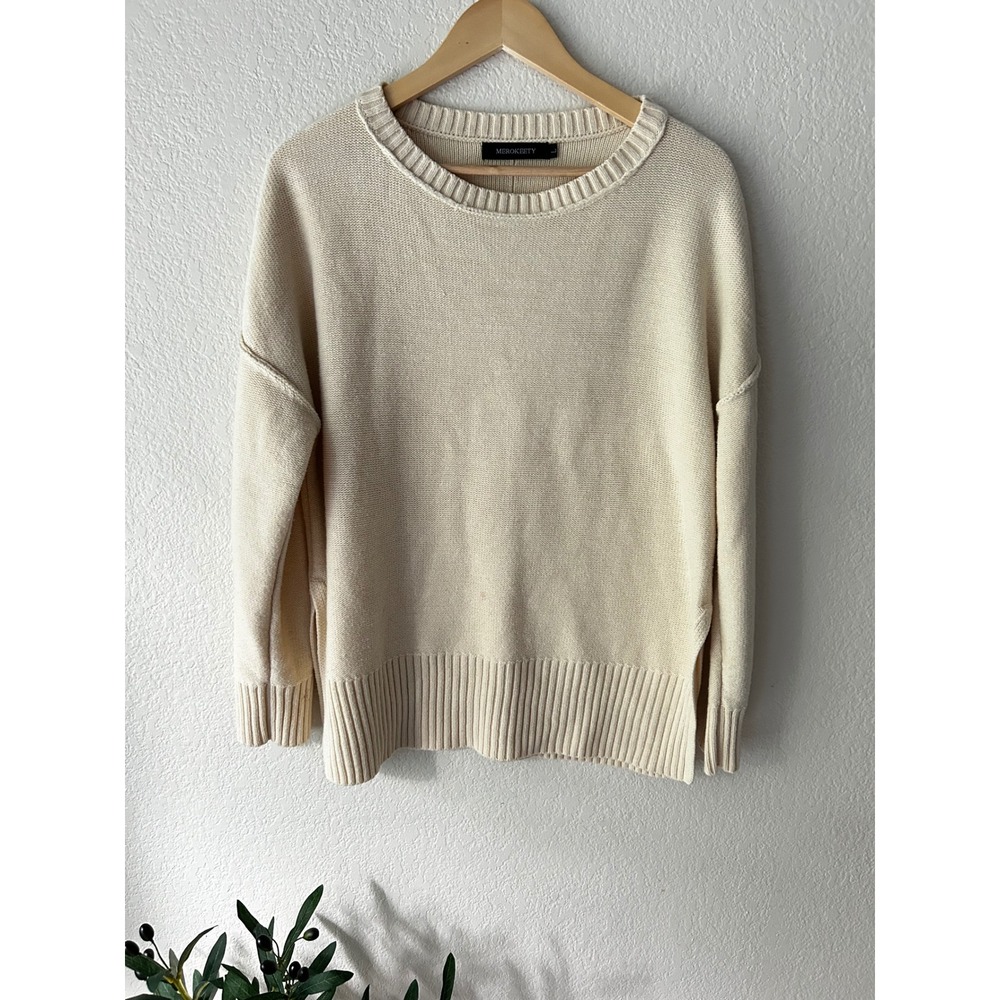 Merokeety Womens Cream Oversized Crewneck Sweater Exposed Seam Coastal Large